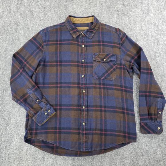 CQR Flannel Shirt Mens Large Blue Brown Plaid Long Sleeve Corduroy Collar Pocket - Picture 2 of 16